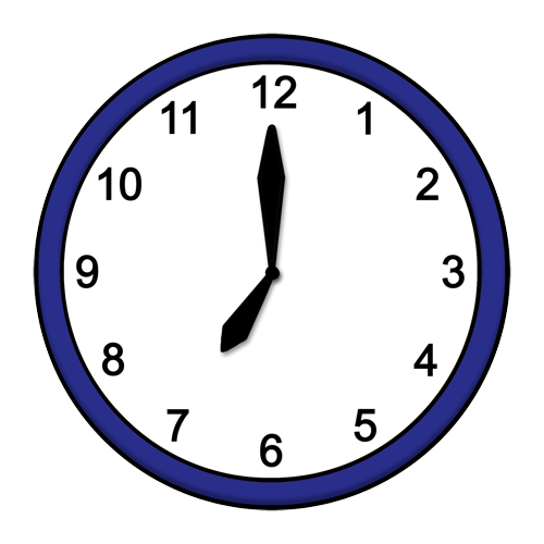 Die Zeichnung einer analogen Uhr, die sieben Uhr anzeigt.